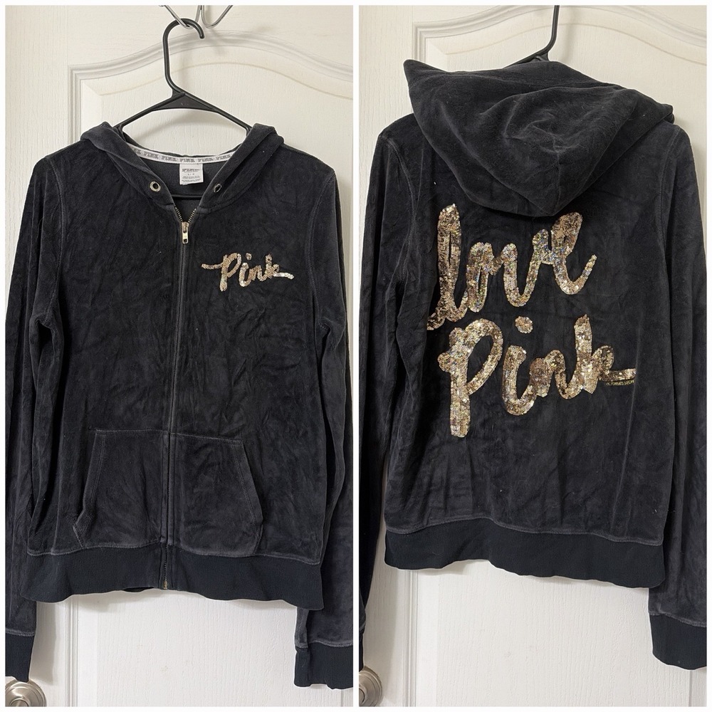 Y2K Preppy Victoria's Secret Pink Sequin Bling Velour Size Large Zip Up Hoodie